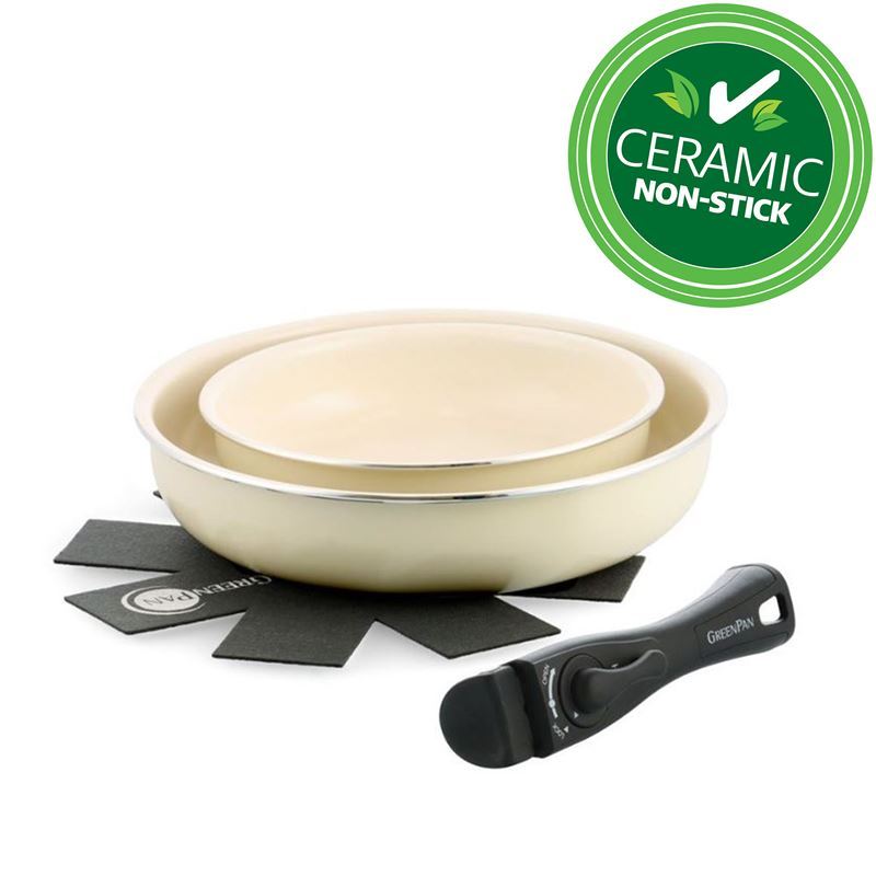 GreenPan – Clickchef Diamond-Infused CERAMIC Non-Stick Induction 4pc Stackable Frypans 20+26cm with Detachable Handle & Pan Protector