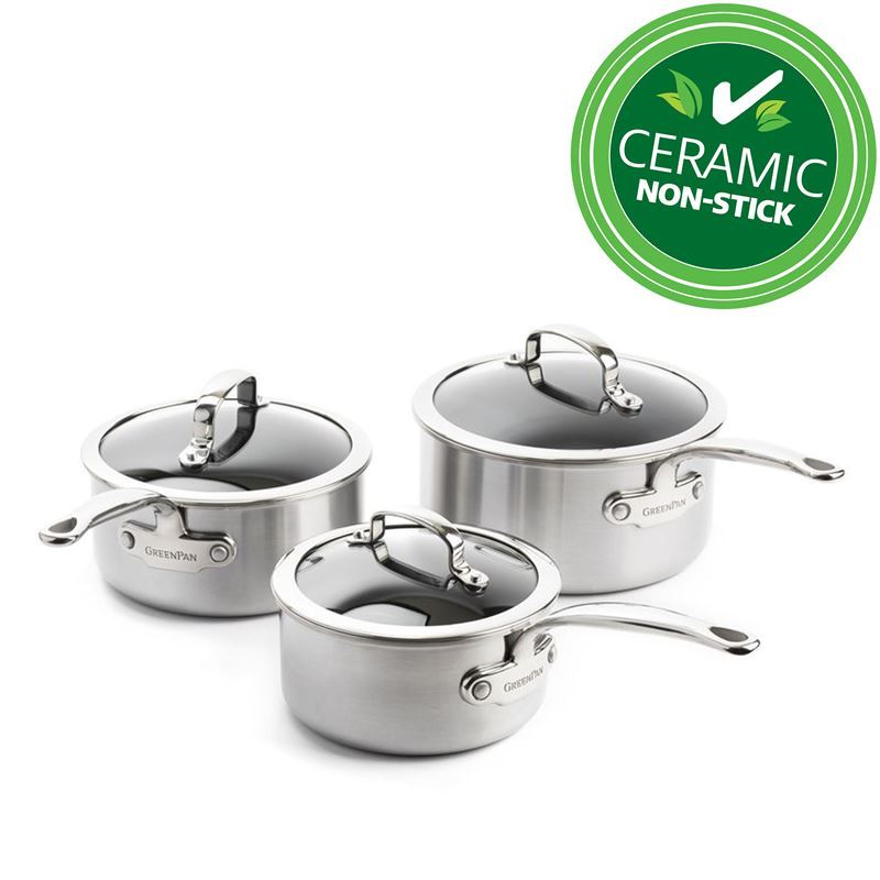 Greenpan – Premiere Stainless Steel Induction & CERAMIC Non-Stick 3pc Saucepan Set