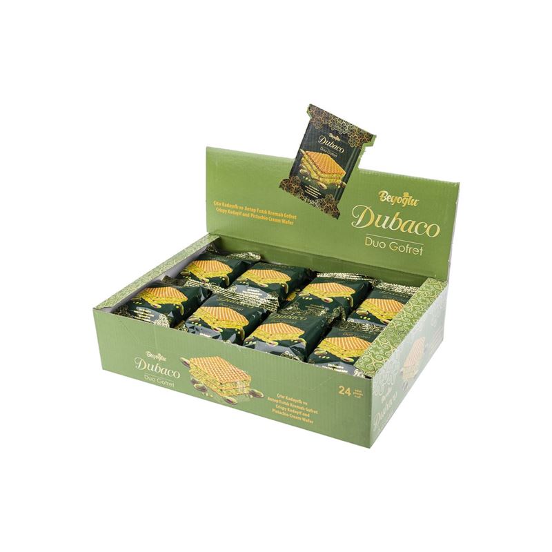 Beyoglu – Dubaco Dubai Style Pistachio Wafer 36g Pack of 24 BULK BUY DOZENS (Product of Türkiye)