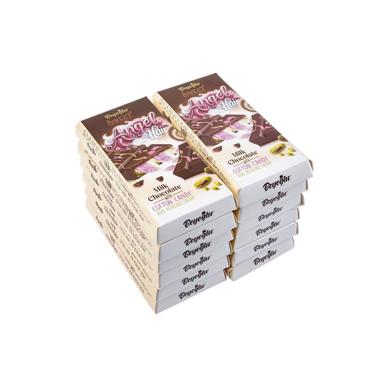 Beyoglu – Angel Hair Milk Chocolate filled with Cotton Candy & Pistachio Cream Block 170g Pack of 12 BULK BUY DOZENS (Product of Türkiye)