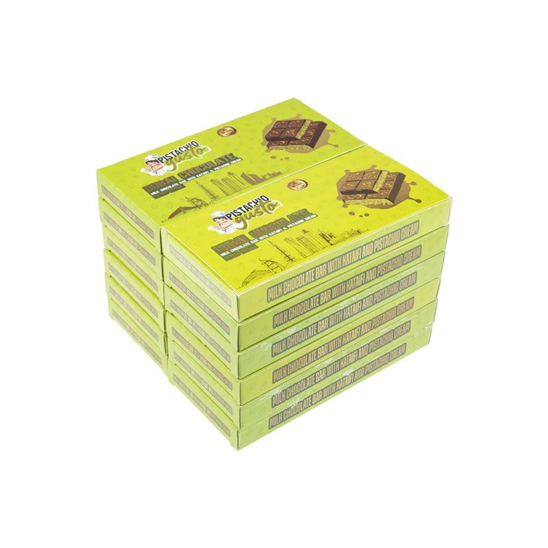 ByGusto – Pistachio Gusto Dubai Style Pistachio Kataifi with Milk Belgian Chocolate Block 200g Pack of 12 BULK BUY DOZENS (Product of Türkiye)