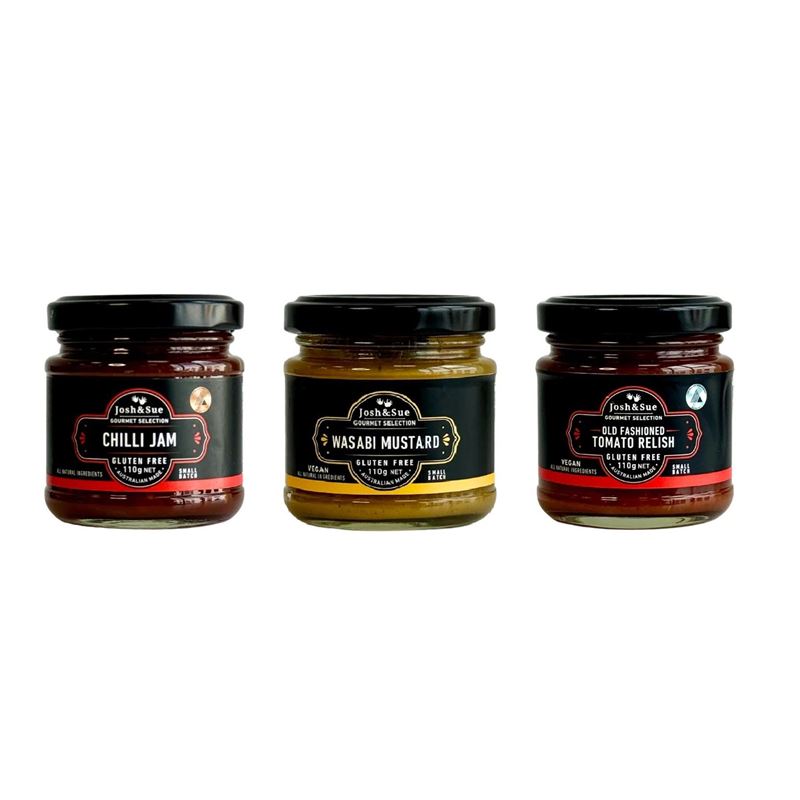 Josh & Sue – Mini Savoury Chilli Jam, Wasabi Mustard & Relish Gift Pack (Product of Australia)