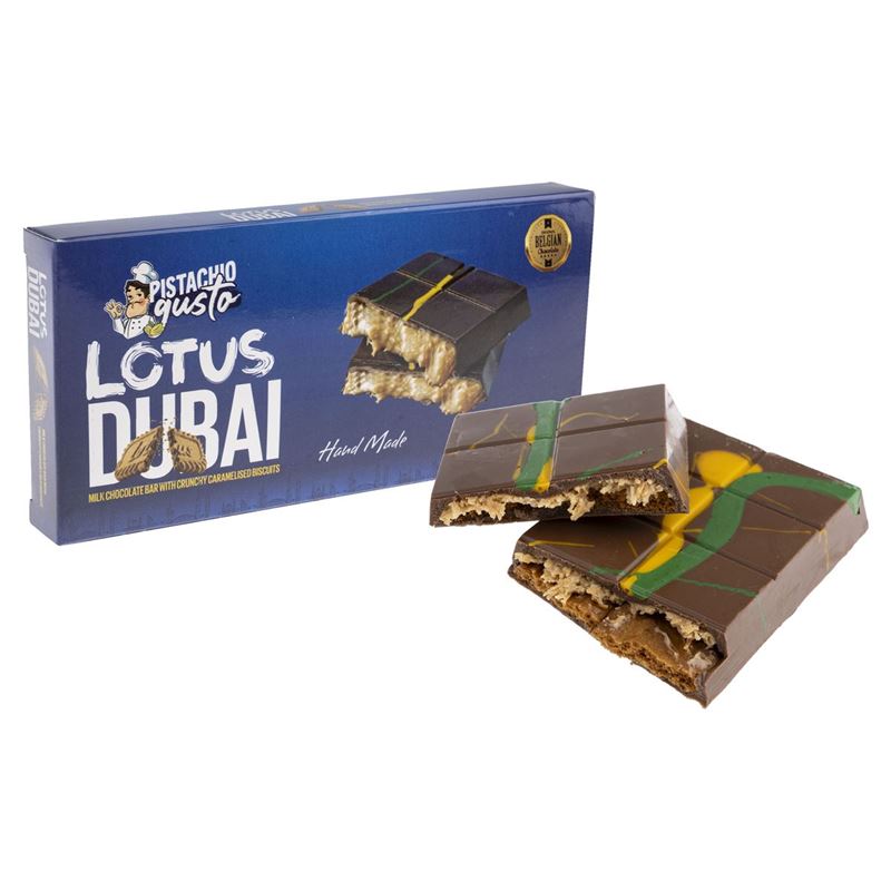 ByGusto – Pistachio Gusto Dubai Style Lotus Biscuit with Milk Belgian Chocolate Block 200g (Product of Türkiye)