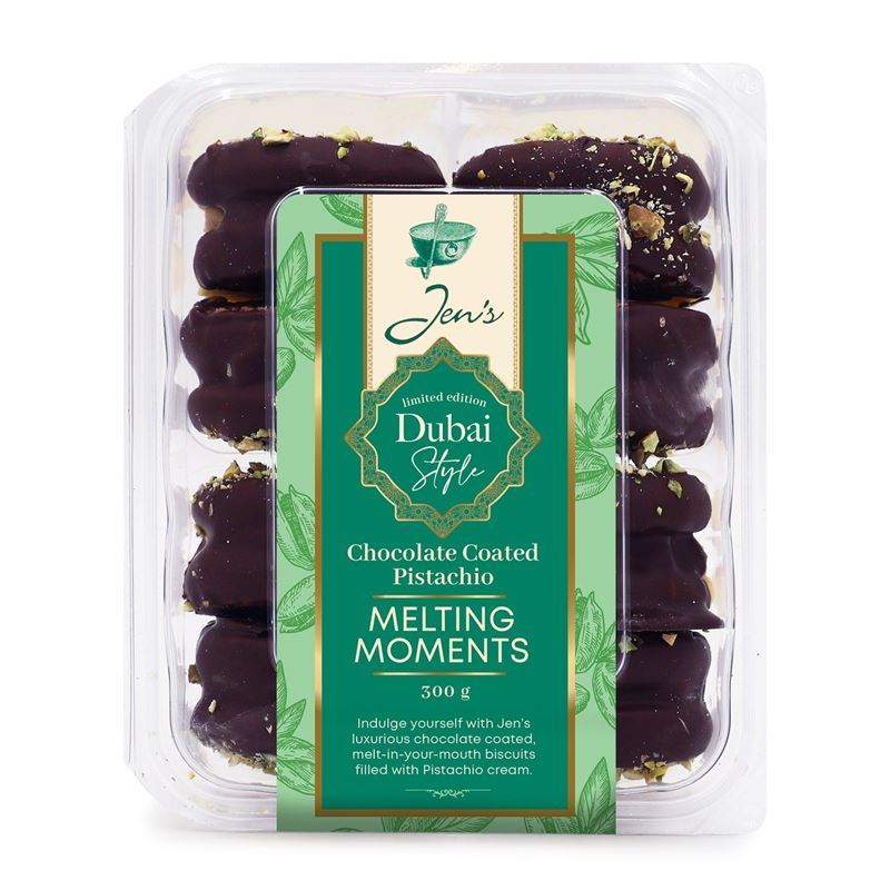 Jen’s – Traditional Biscuits Limited Edition Dubai Style Chocolate Coated Pistachio Melting Moments 320g