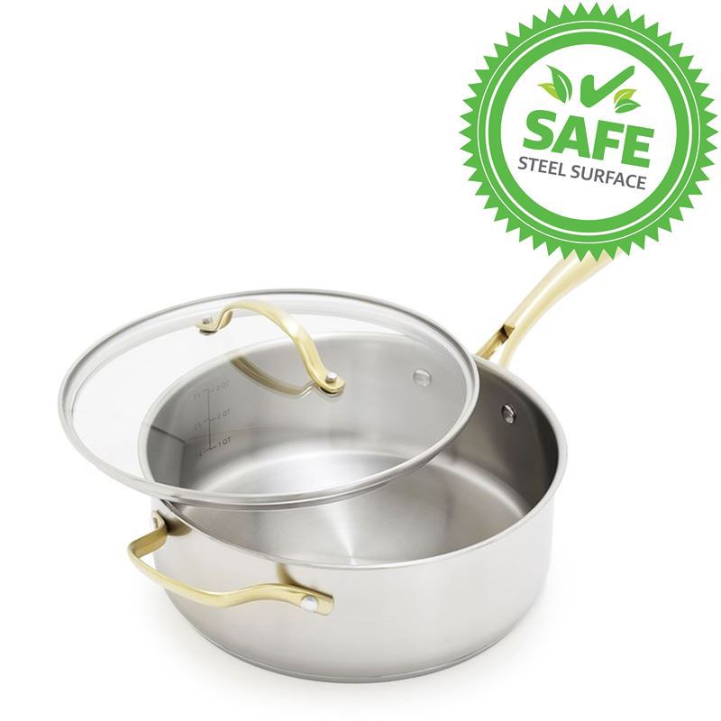 GreenPan – Swift Brushed Stainless Steel with Satin Gold Handles Induction Covered Saute Pan 24cm 3.7Ltr