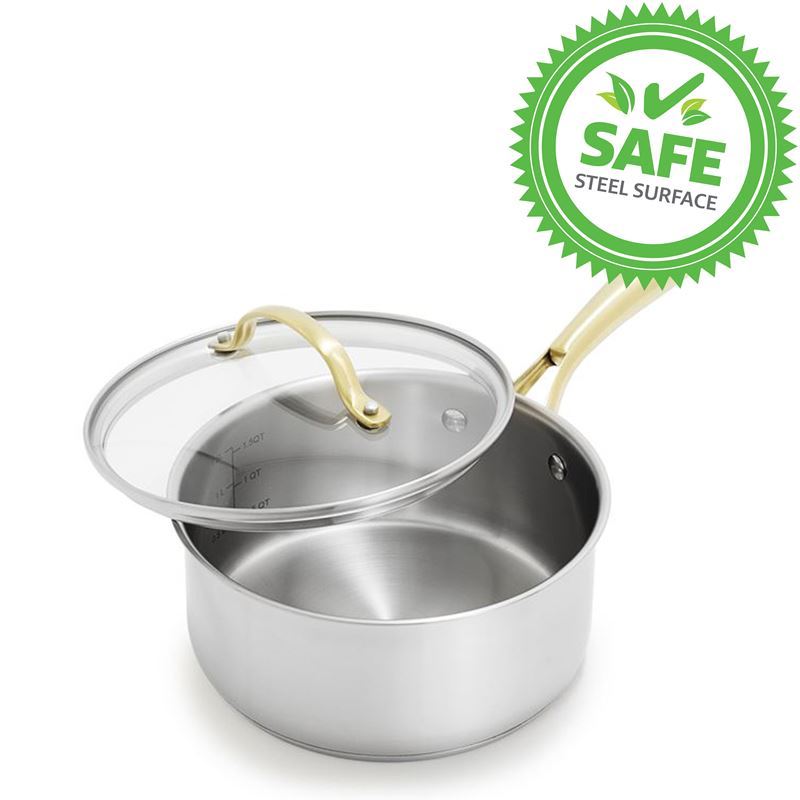 GreenPan – Swift Brushed Stainless Steel with Satin Gold Handles Induction 18cm Covered Saucepan 1.9Ltr