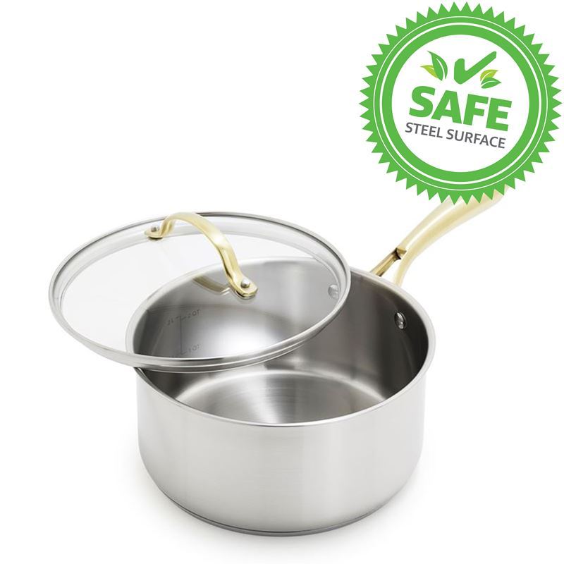 GreenPan – Swift Brushed Stainless Steel with Satin Gold Handles Induction 20cm Covered Saucepan 2.8Ltr