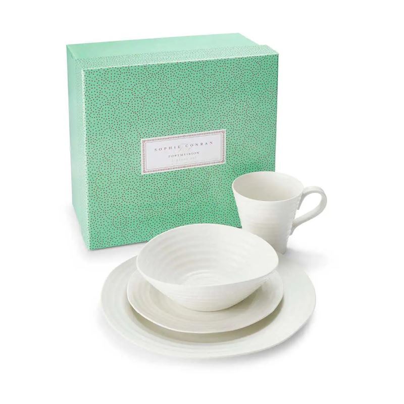 Sophie Conran for Portmeirion – Ice White Place Setting Dinner Plate, Entree Plate, Bowl and Mug 4pc Set