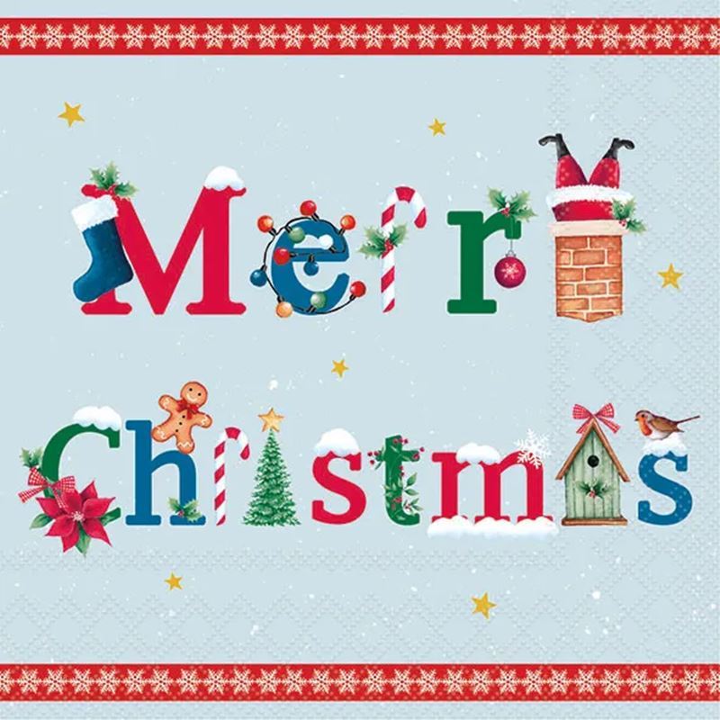 Paperie – Ambiente Luncheon 3-Ply 33x33cm Paper Napkins Pack of 20 Merry Christmas Message Blue (Made in the Netherlands)