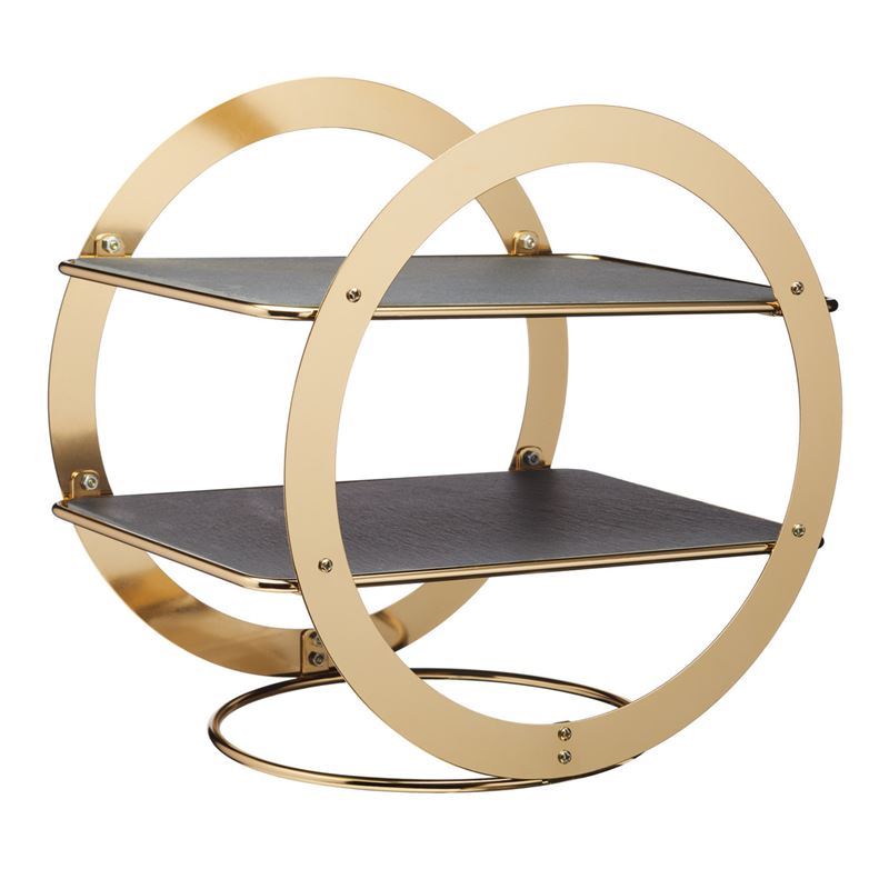 Artesa – 2 Tier Geometric Brass Finished Serving Stand with Slate Serving Platters 31.5×22.5x30cm