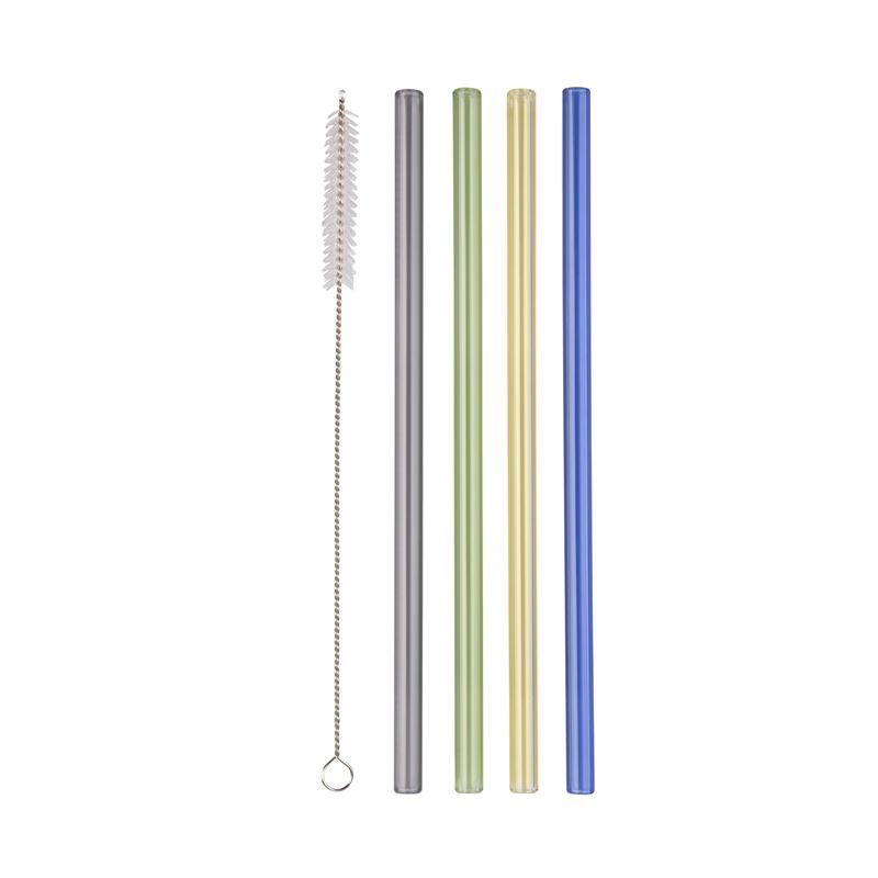 Appetito – Glass Straight Straw Set of 4 with Cleaning Brush Assorted Colours