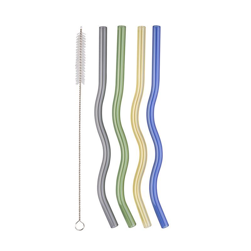 Appetito – Glass Wiggly Straw Set of 4 with Cleaning Brush Assorted Colours