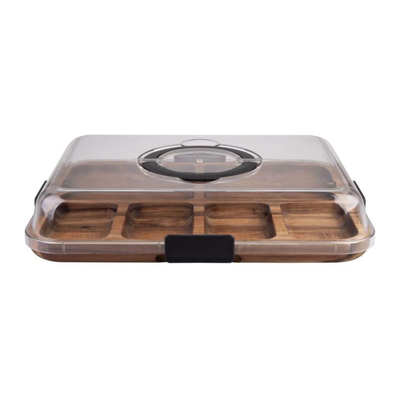 Alfresco Lane – Acacia Wood 6 Compartment Rectangular Grazing Platter with Clip-Lock Lid and built in Carry Handles