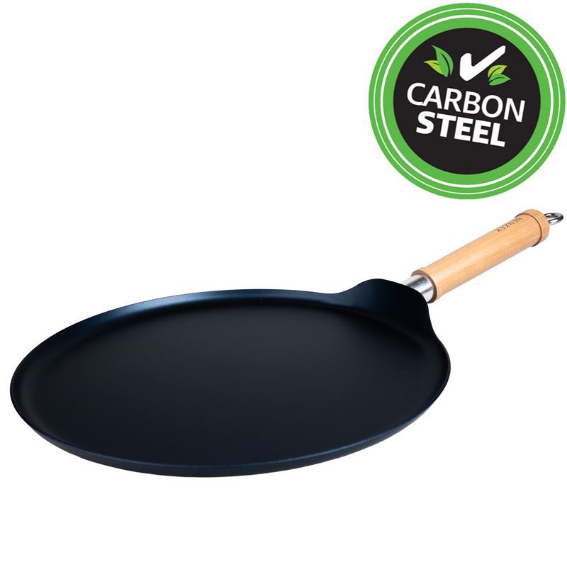 Benzer – Far East Collection Black Carbon Steel Induction Crepe Pan with Wooden Handle 28cm