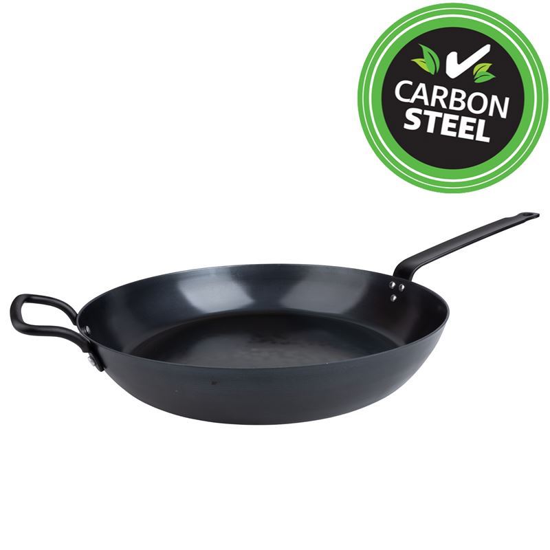 Benzer – Far East Collection Black Carbon Steel Induction GIANT Frypan with Commercial Iron Handle 34cm