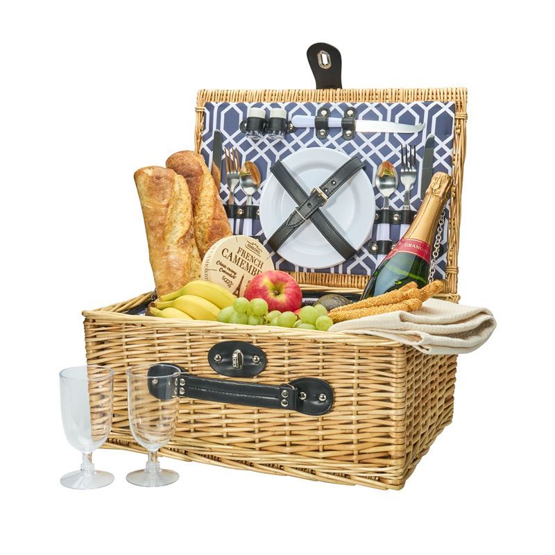 Avanti – 2 Person Wicker Picnic Basket Hamptons Blue Point Pattern Lining