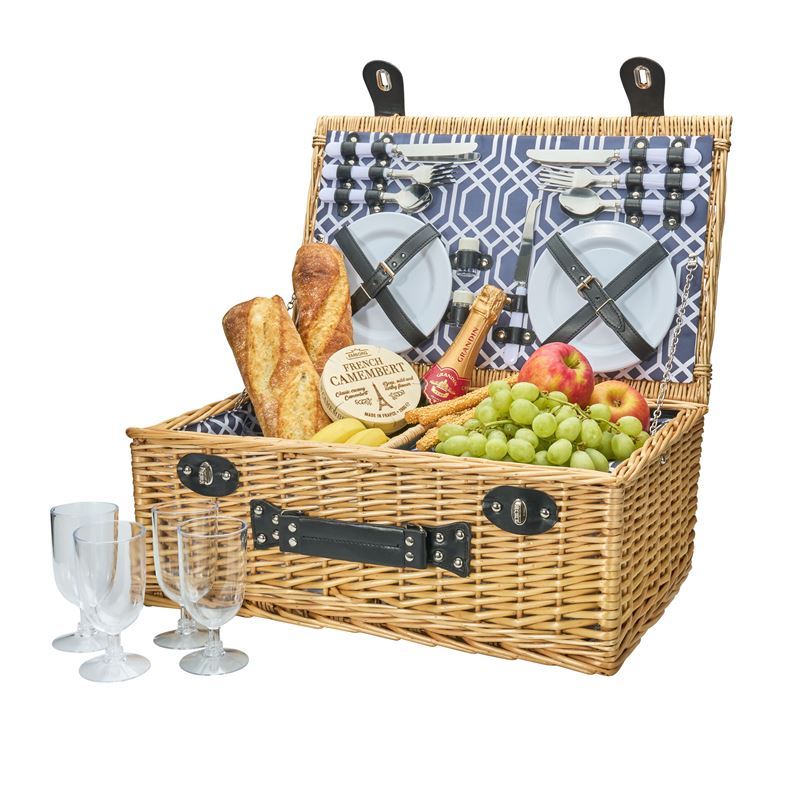 Avanti – 4 Person Wicker Picnic Basket Hamptons Blue Point Pattern Lining
