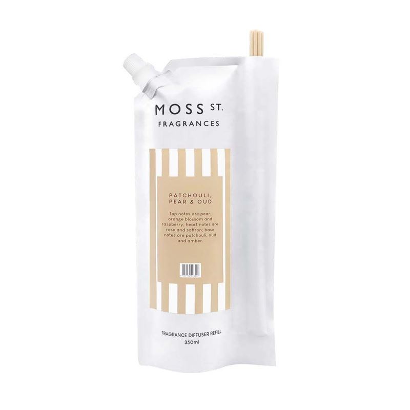 Moss St Fragrances – Patchouli, Pear & Oud Fragrance REFILL 350ml with Natural Diffuser Reeds