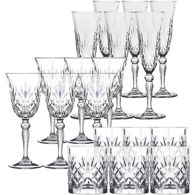 RCR Cristalleria Italiana – Melodia Tumbler, Flute and Wine Set of 18 (Made in Italy)