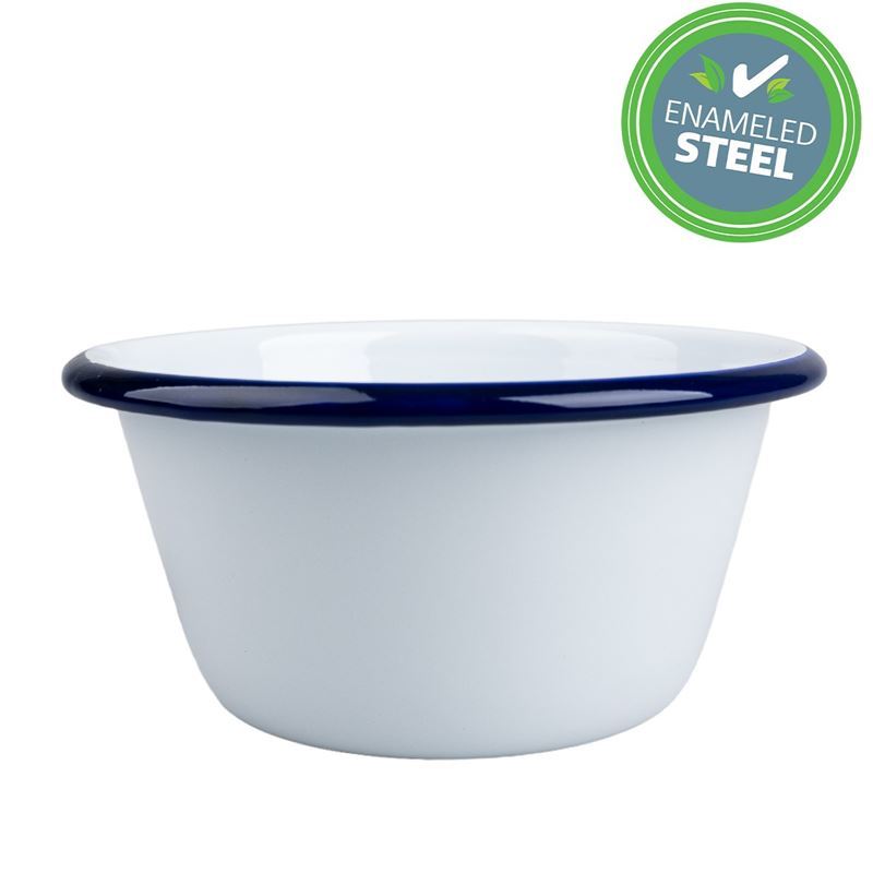 Falcon Housewares – White with Blue Trim Enameled 16cm Pudding Basin 1.2Ltr