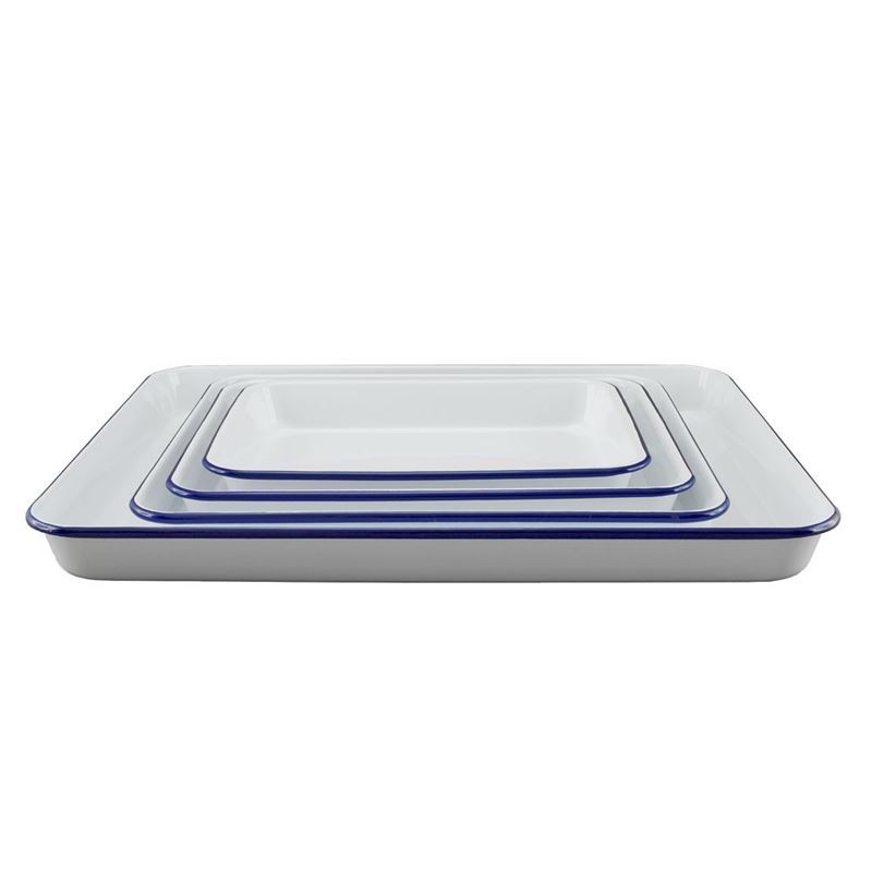 Falcon Housewares – White with Blue Trim Enameled Baking Tray 4pc Set