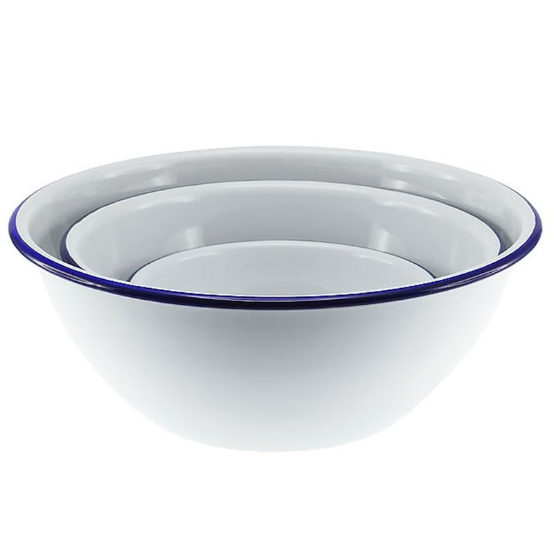 Falcon Housewares – White with Blue Trim Enameled Mixing Bowl 3pc Set
