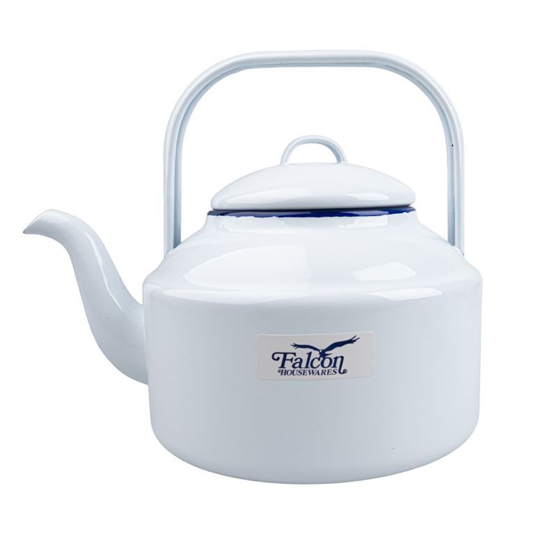 Falcon Housewares – White with Blue Trim Enameled 18cm Tea Kettle 2Ltr