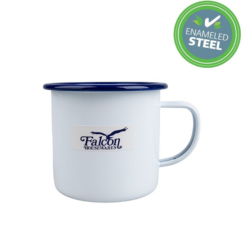Falcon Housewares – White with Blue Trim Enameled 9cm Mug 500ml