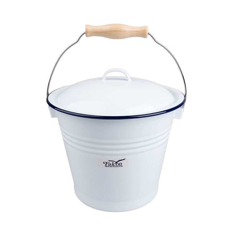 Falcon Housewares – White with Blue Trim Enameled 23cm Bucket with Lid 5Ltr