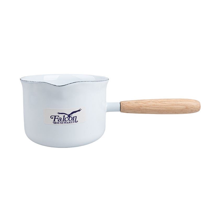 Falcon Housewares – White with Blue Trim Enameled 11cm Butter Warmer with Wooden Handle 650ml