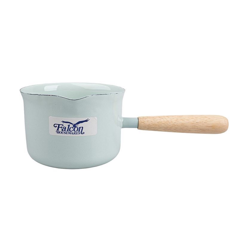 Falcon Housewares – Duck Egg Blue with Grey Trim Enameled 11cm Butter Melter with Wooden Handle 650ml
