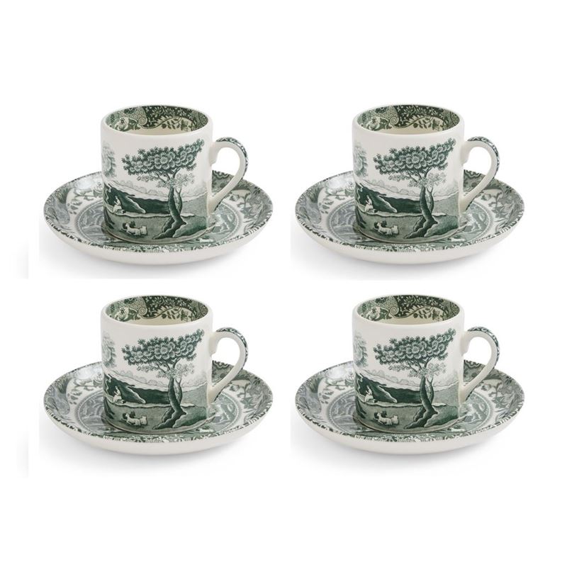 Spode – Heritage Green Italian 90ml Coffee Cup and Saucer Set of 4 (Made in England)