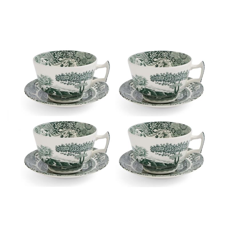 Spode – Heritage Green Italian 280ml Breakfast Cup and Saucer Set of 4 (Made in England)
