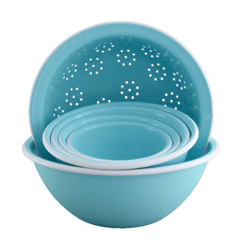 Falcon Housewares – Aqua Blue with White Trip Mixing Bowls & Colander Prep Set
