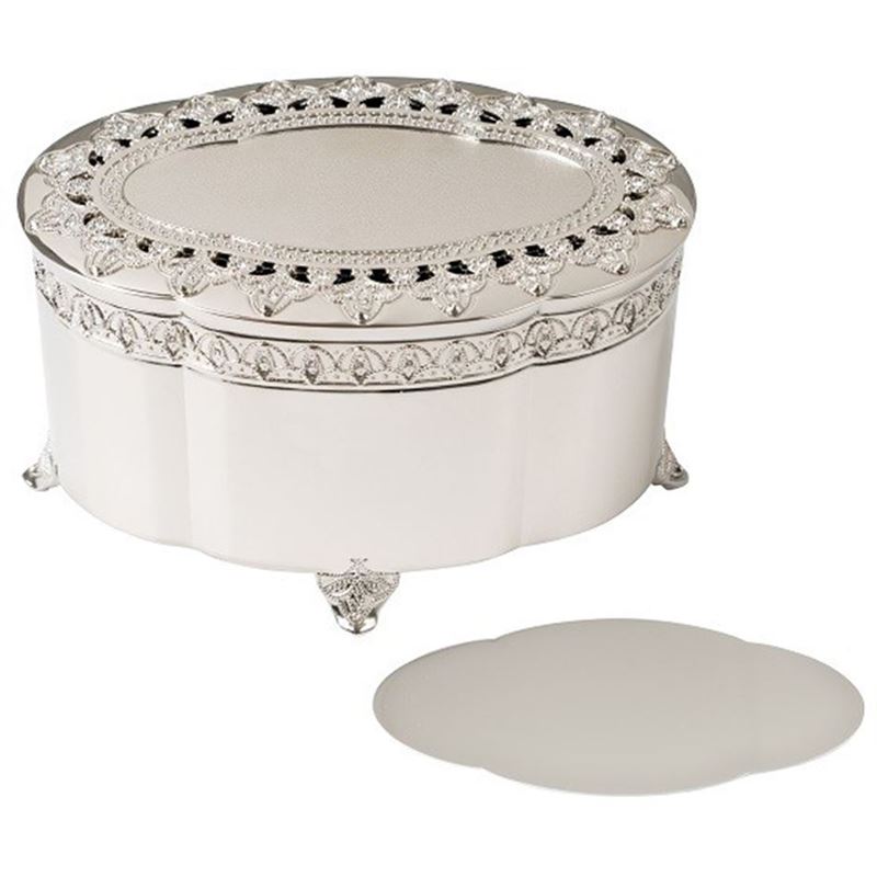 Russell Collection – Georgette Silver Finish Oval Jewellery Box with Engraving Plate Russell Collection – Georgette Silver Finish Oval Jewellery Box with Engraving Plate
