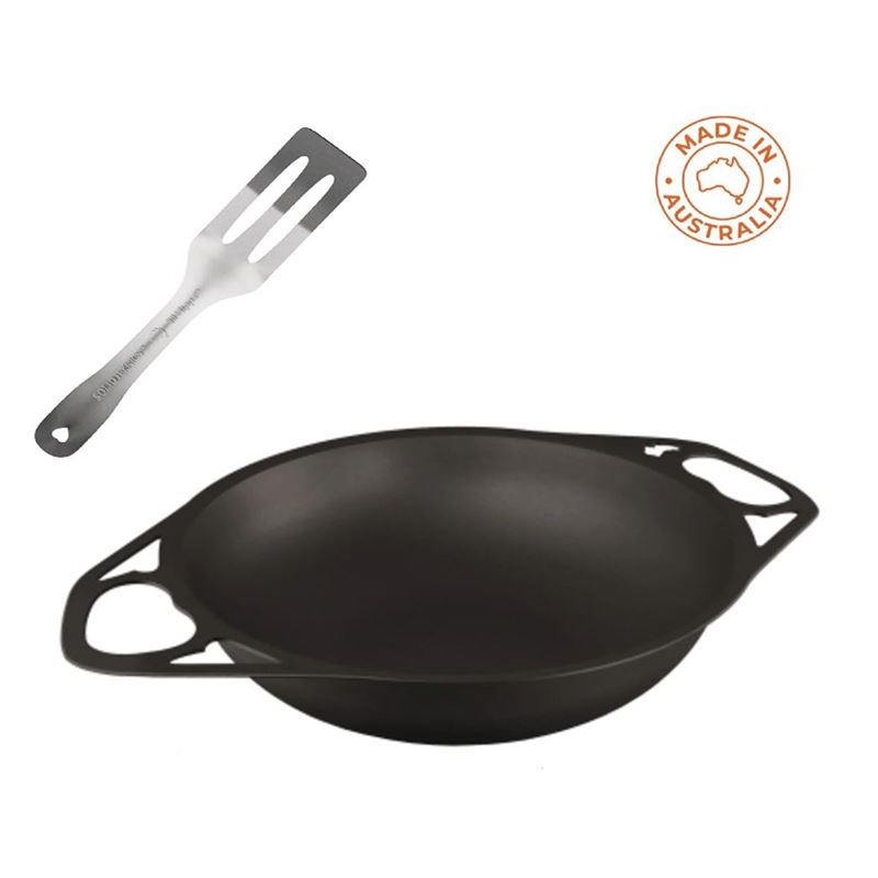 Solidteknics – Aus-Ion 30cm Dual Handle Wok with LilFlippa Stainless Steel Spatula Pack (Made in Australia)