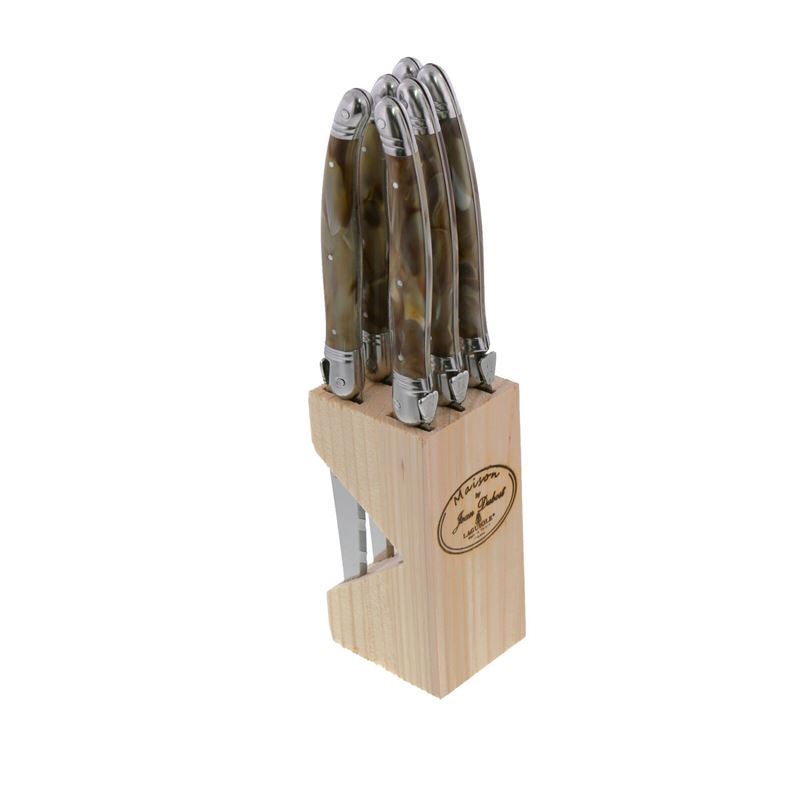 Laguiole by Jean Dubost – Authentic French Made Maison Dark Horn 6pc Steak Knife Set in Block (Made in France)