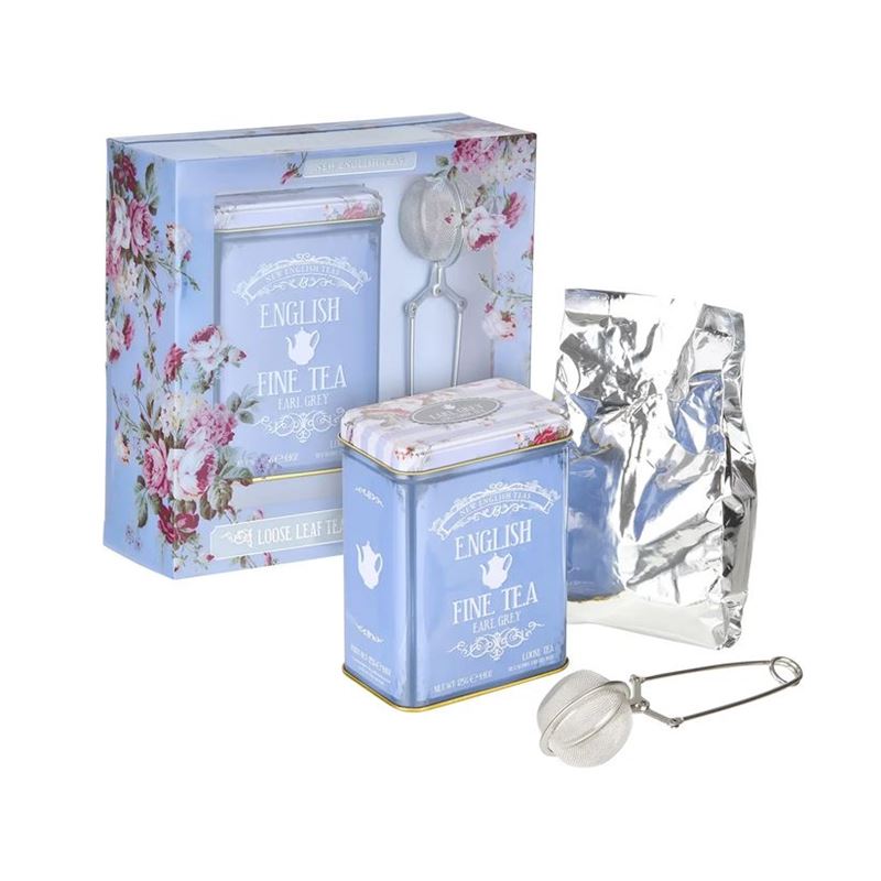 New English Teas – Loose Leaf Vintage Floral Earl Grey Mini Tea Tin with Infuser Gift Pack