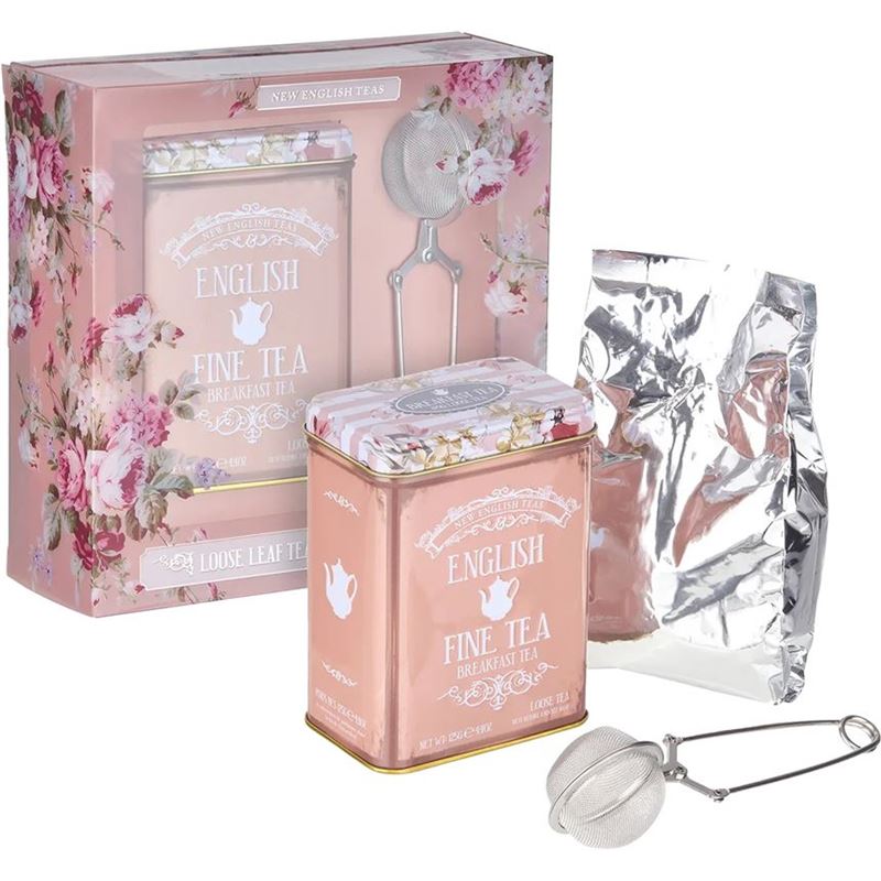 New English Teas – Loose Leaf Vintage English Breakfast Floral Mini Tea Tin with Infuser Gift Pack