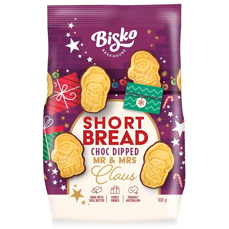 Bisko – Traditional Shortbread Mr & Mrs Claus Half Chocolate Coated 100g (Product of Australia)