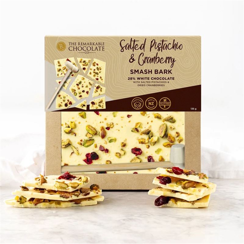 The Remarkable Chocolate Co. – Pistachio & Cranberry Chocolate Smash Bark 135g (Product of New Zealand)