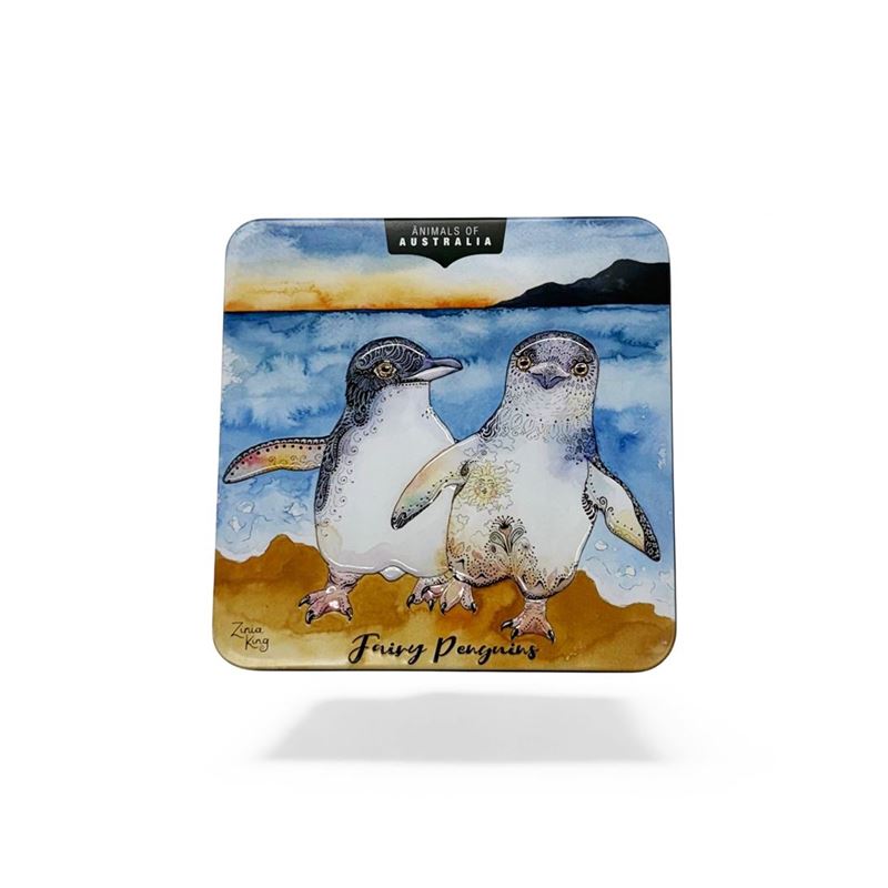 Banksia Red – Animals of Australia Fairy Penguins 150g Macadamia Butter Finger Biscuits in Tin 14.5×14.5×5.5cm