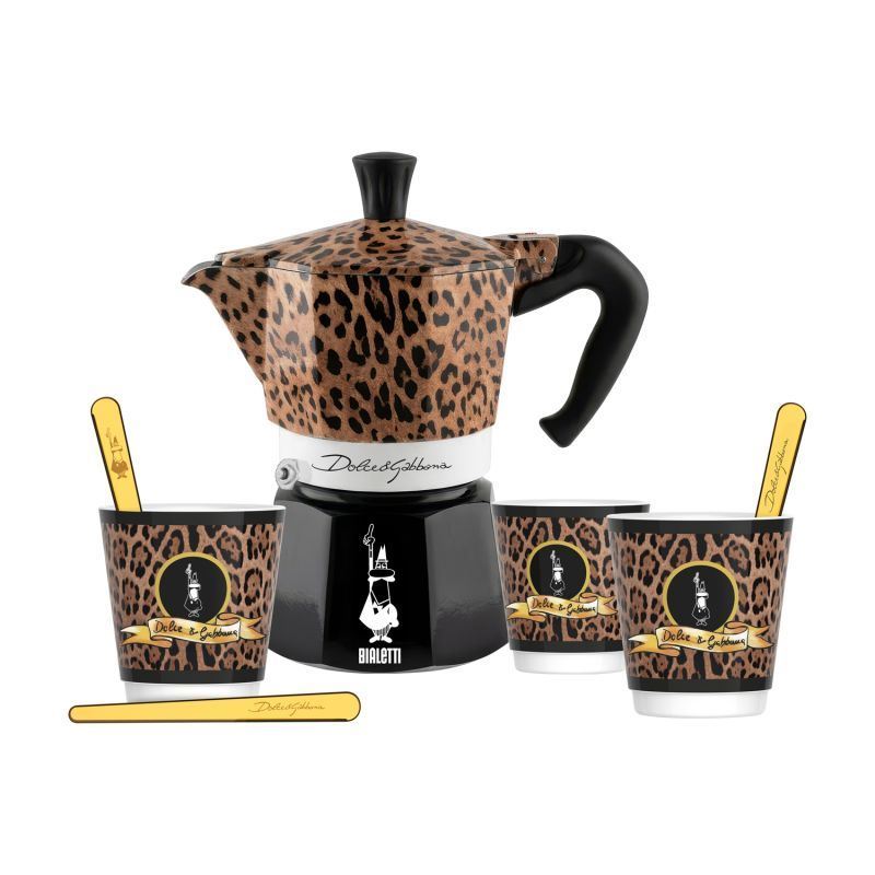 Dolce & Gabbana by Bialetti – Leopardo 3 Cup MOKA with Cups & Stirrers in Deluxe Tin Gift Set