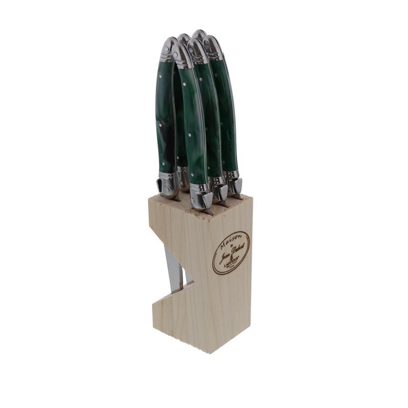 Laguiole by Jean Dubost – Authentic French Made Maison Malachite 6pc Steak Knife Set in Block (Made in France)