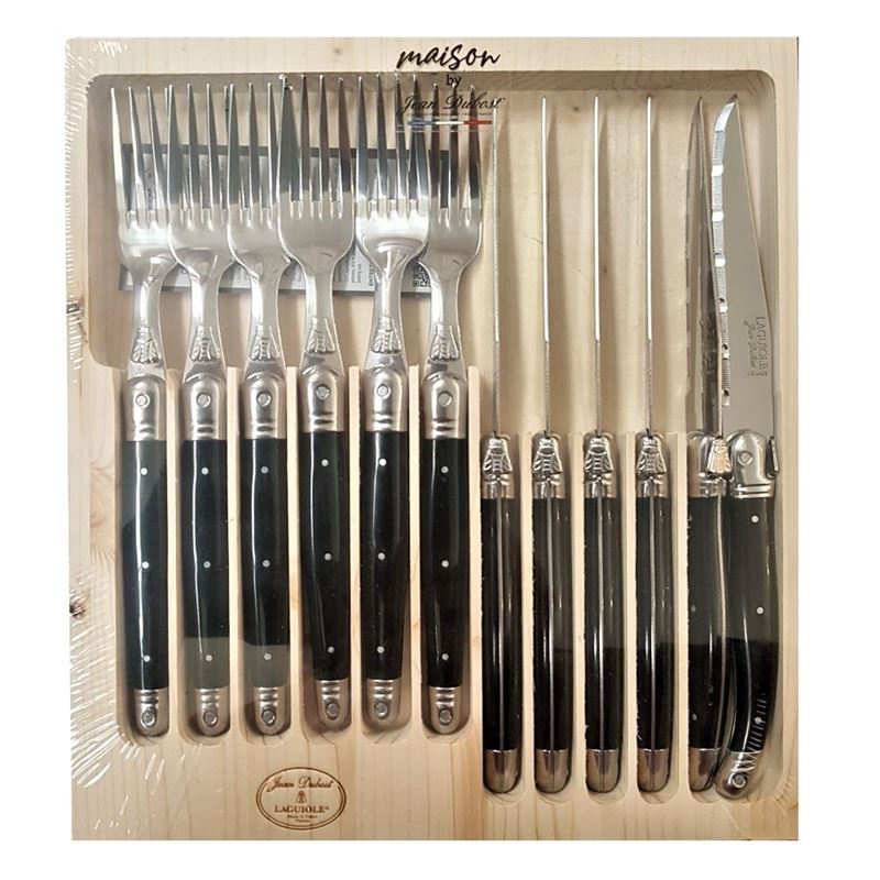 Laguiole by Jean Dubost – Authentic French Made Maison Dark Horn 12pc Steak Knife and Fork Cutlery Set (Made in France)