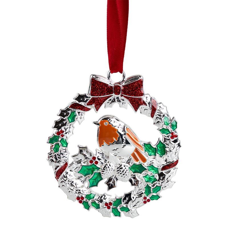 Whitehill – Silver Finish Wreath with Robin Ornament with Ribbon 8.5cm Gift Boxed