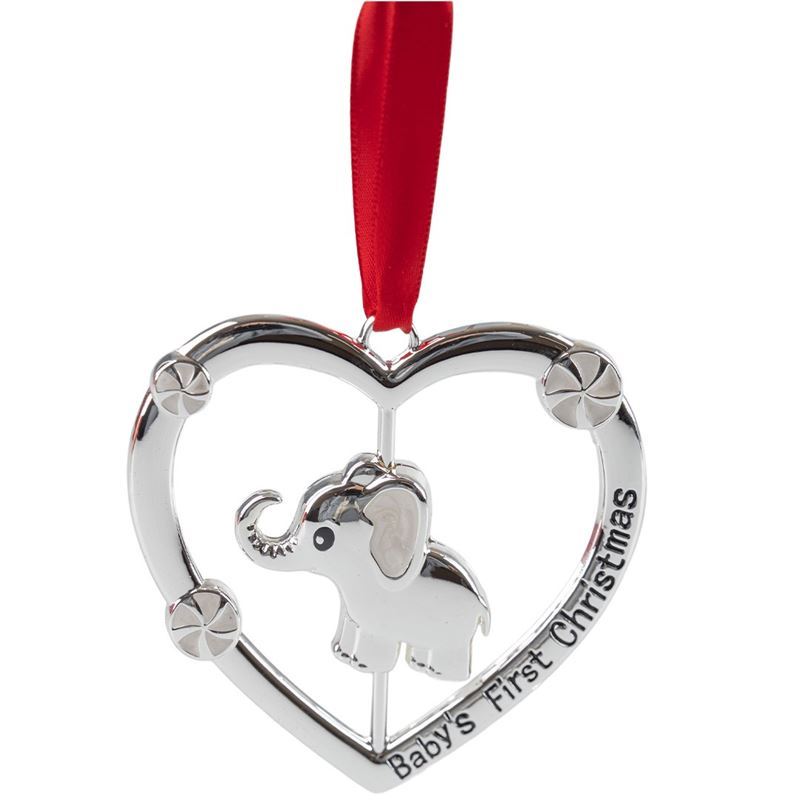 Whitehill – Silver Finish Baby’s 1st Christmas Heart with Elephant Ornament with Ribbon 8.5cm Gift Boxed