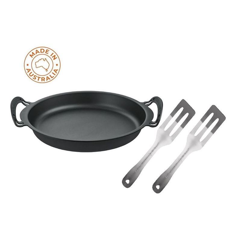 Solidteknics – Aus-Ion 35cm Bigga Skillet Dual Handle 4mm Steel with x2 LILFLIPPA Pack (Made in Australia)