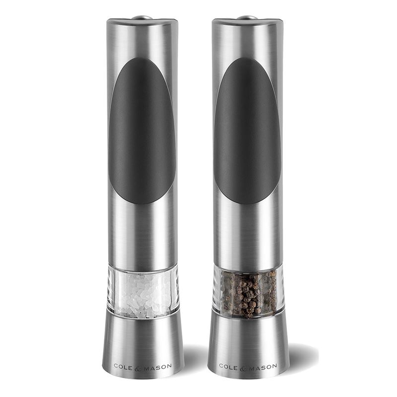 Cole & Mason – Richmond Stainless Steel and Black Electronic 21.5cm Salt and Pepper Mill Set