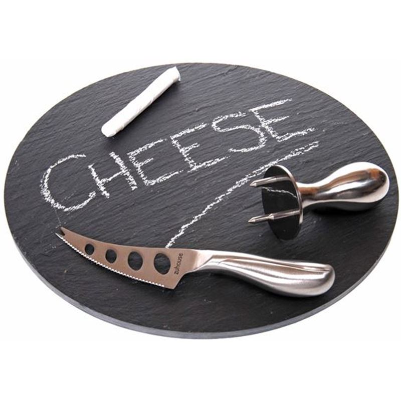 Zuhause – Tommi 25cm Round Slate board with Cheese Fork and Knife
